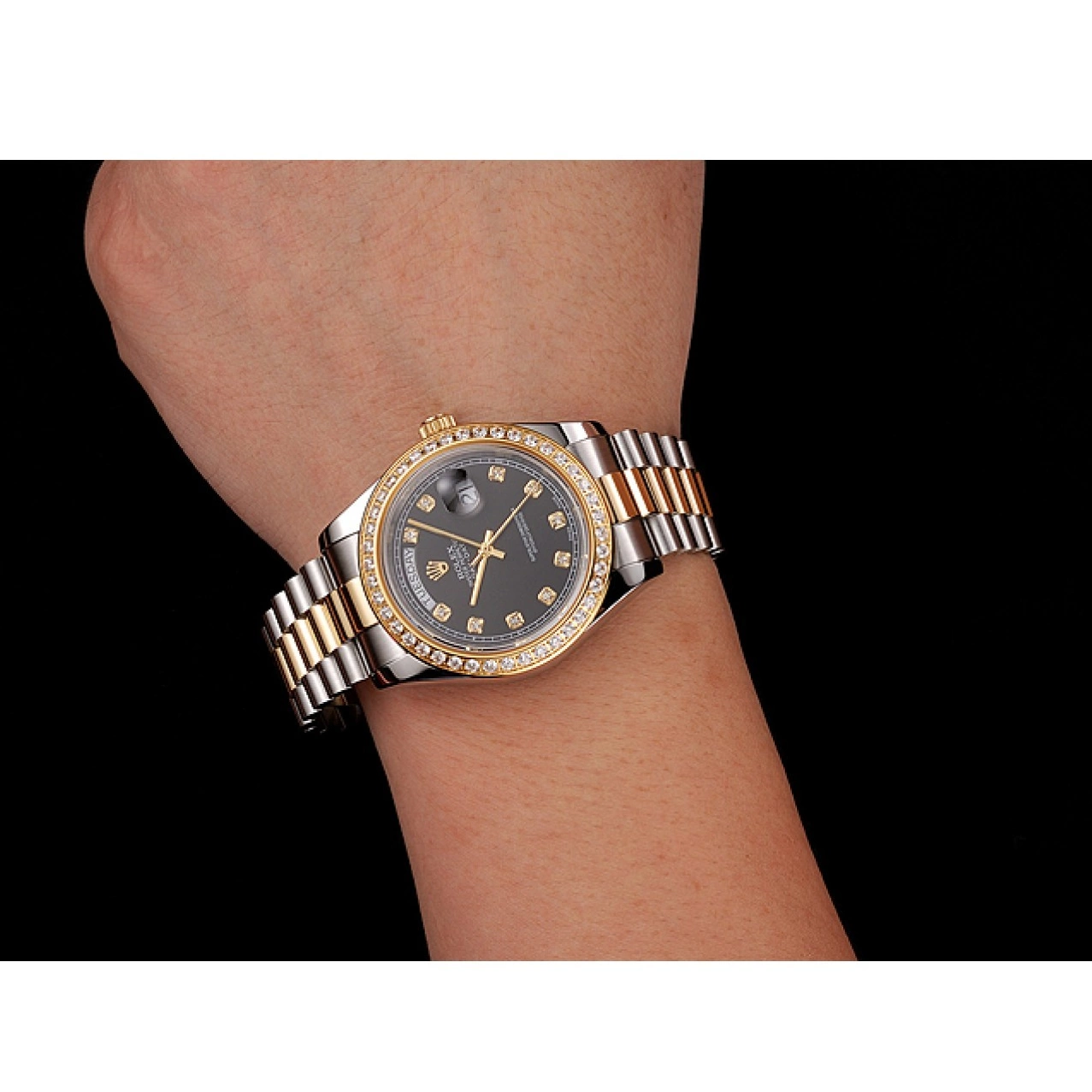 Aaa replica watch Rolex Diamond Gold Tone Dial Two Swiss Stainless Bracelet Black Steel Case Day-Date 1453975 0817
